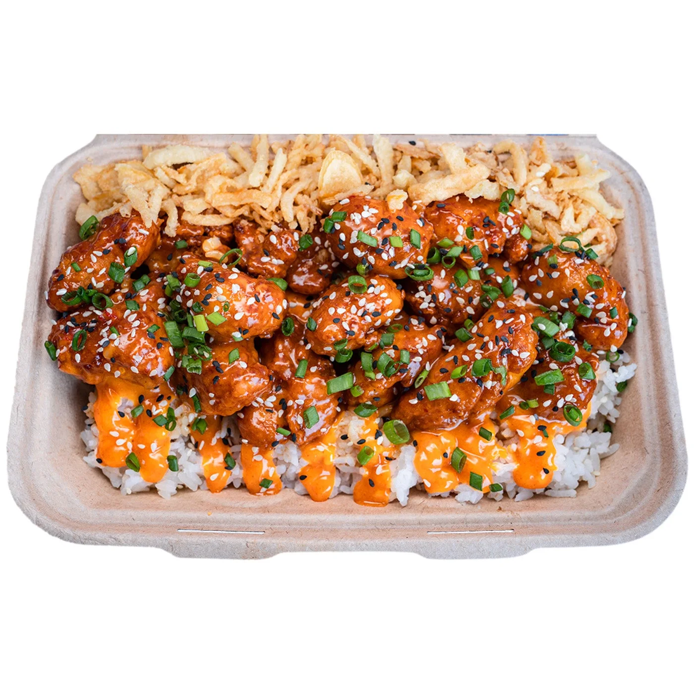 Bang Bang Chicken Dirty Rice, hand-folded dirty rice bowls at Shiso Crispy in St. Petersburg & Tampa