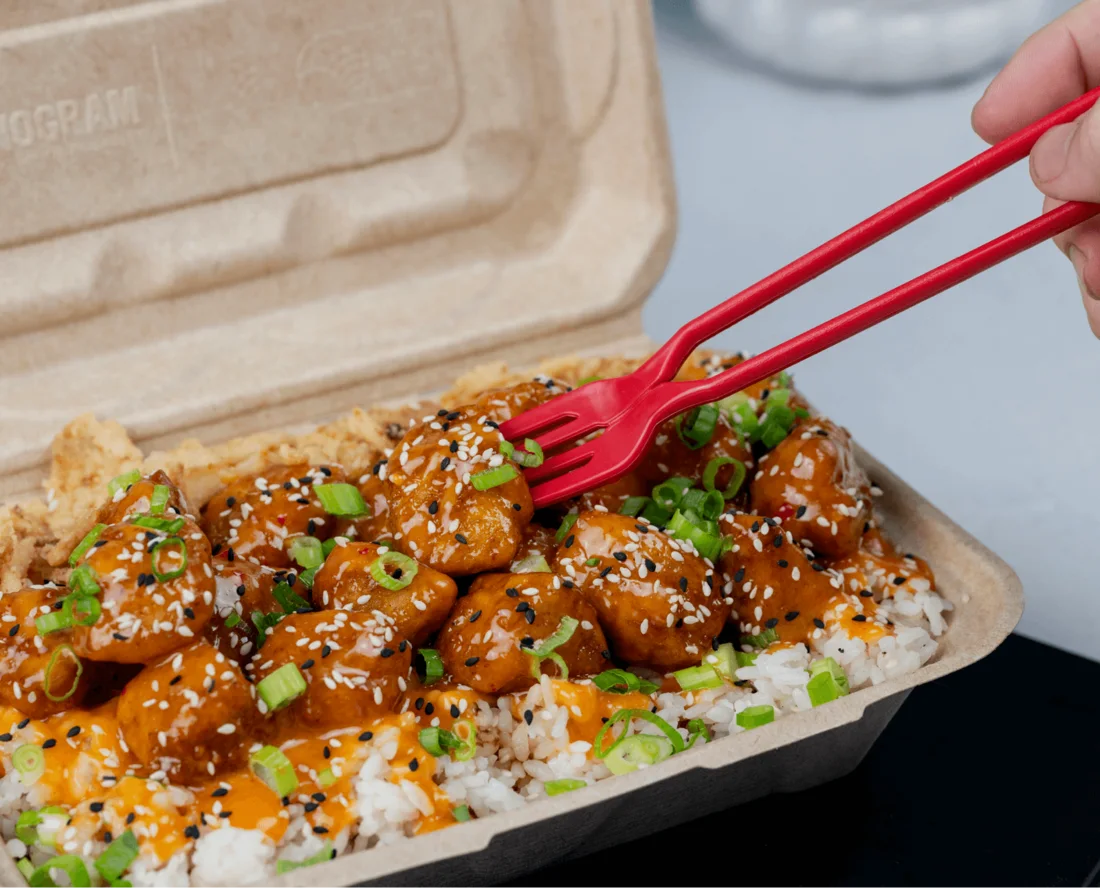 Bang Bang Chicken Dirty Rice, hand-folded dirty rice bowls at Shiso Crispy in St. Petersburg & Tampa